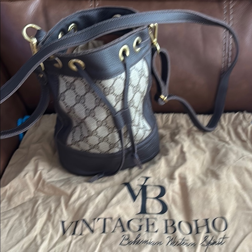 Vintage Brown and Beige Monogram Drawstring Shoulder Bag
